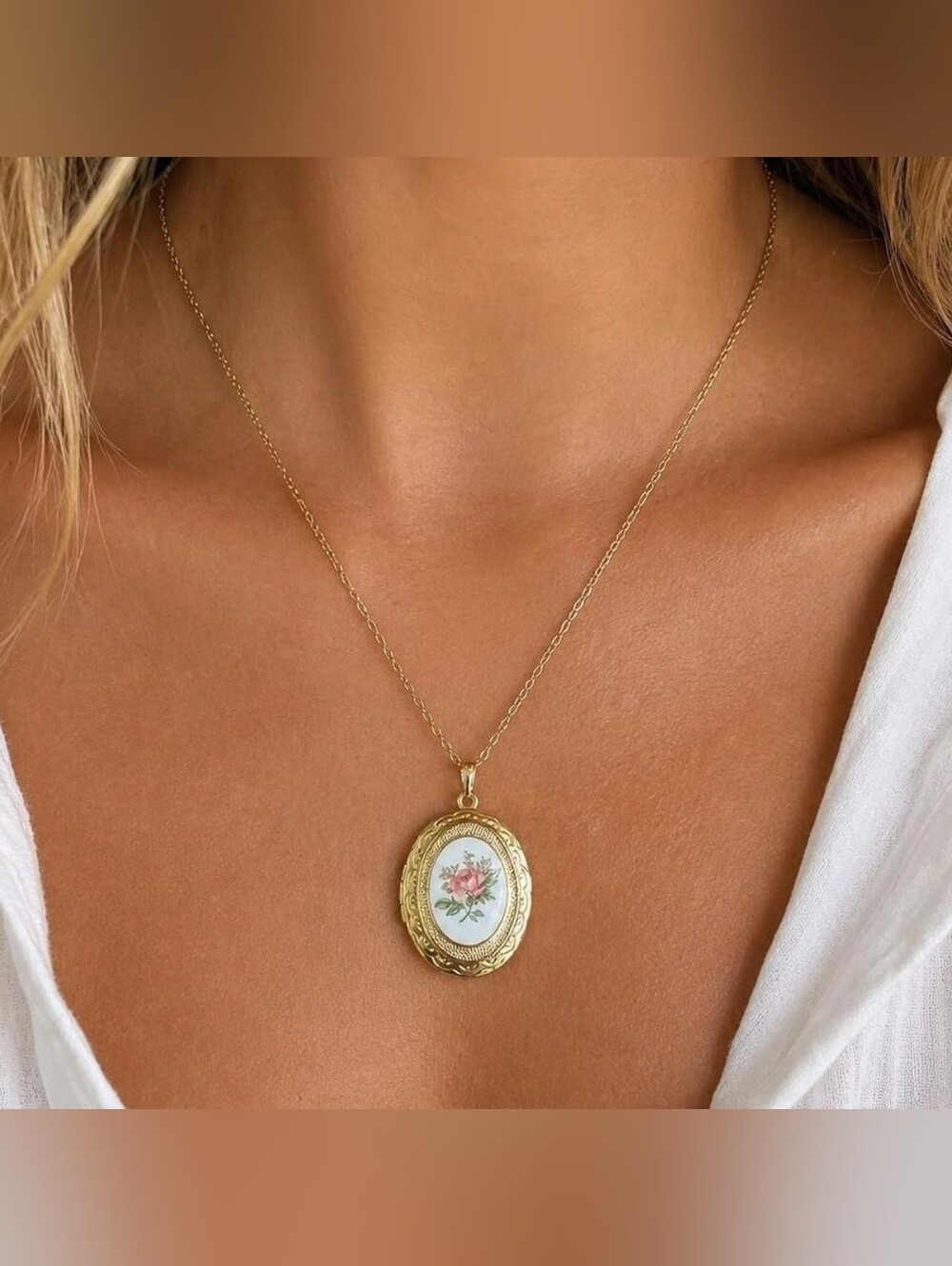 Vintage Rose Cameo Gold Locket Necklace